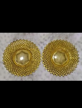 Indiana Glass Amber Diamond Point Plates Pair Vintage Pressed Glass